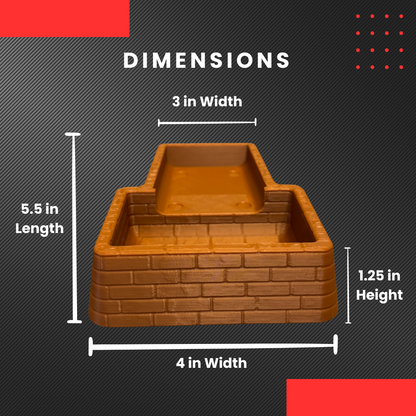 A brown brick coin tray with its dimensions.
