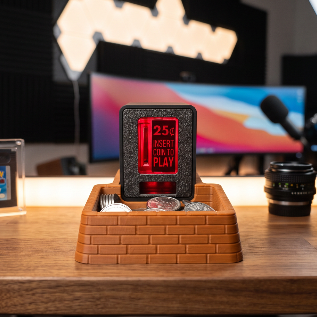 Brown brick coin tray sitting on a wooden desk with streaming and podcasting equipment in the background.
