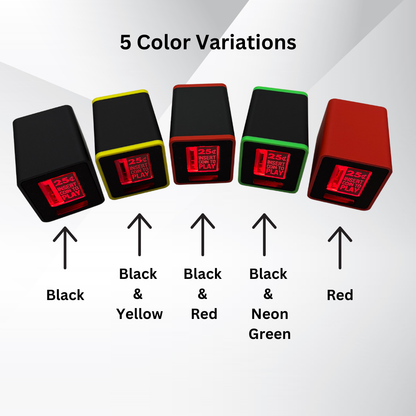 Five TinyBrights™ Insert Coin Cube color variations—Black, Black & Yellow, Black & Red, Black & Neon Green, and Red—shown side by side with labeled text.