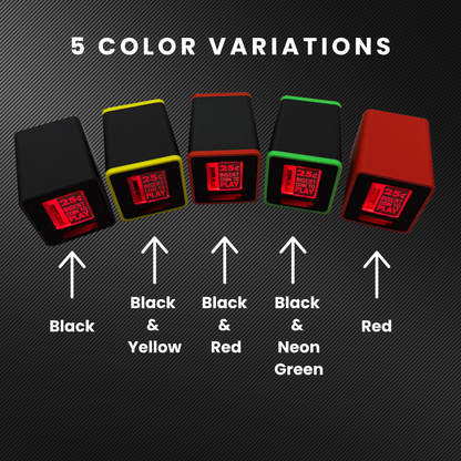 Five TinyBrights™ Insert Coin Cube color variations—Black, Black & Yellow, Black & Red, Black & Neon Green, and Red—shown side by side with labeled text.