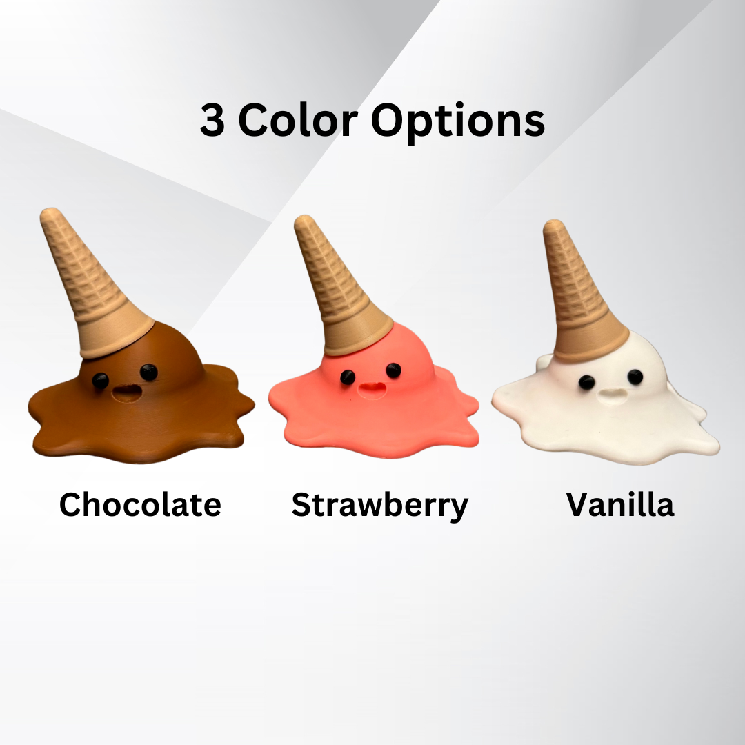 View of three 3d printed melting ice cream cones made by Chronic Concepts on a grey gradient background showing off the three color options: Chocolate, Strawberry, and Vanilla flavored.