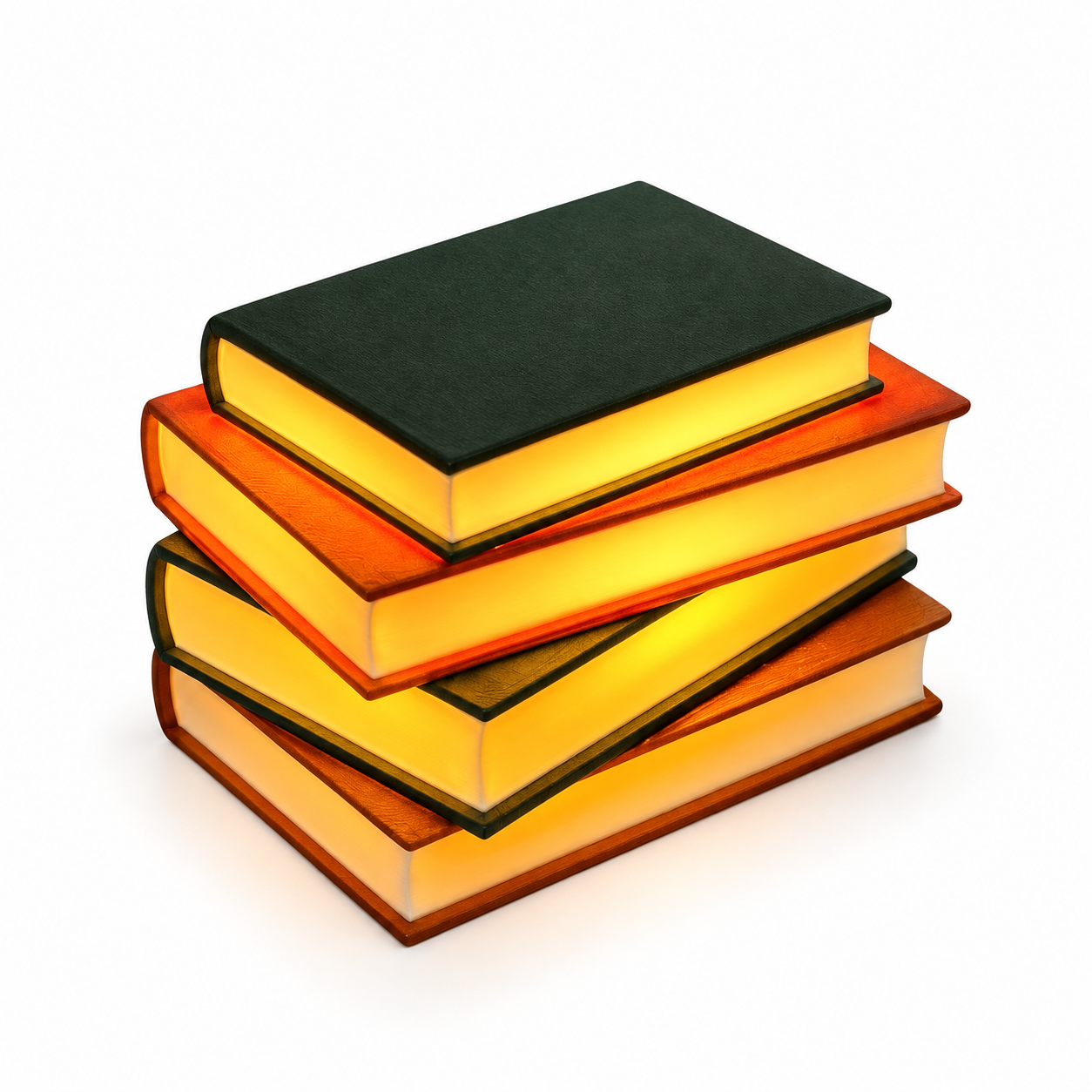 Cozy brown and green light up book stack lit up on a white background.