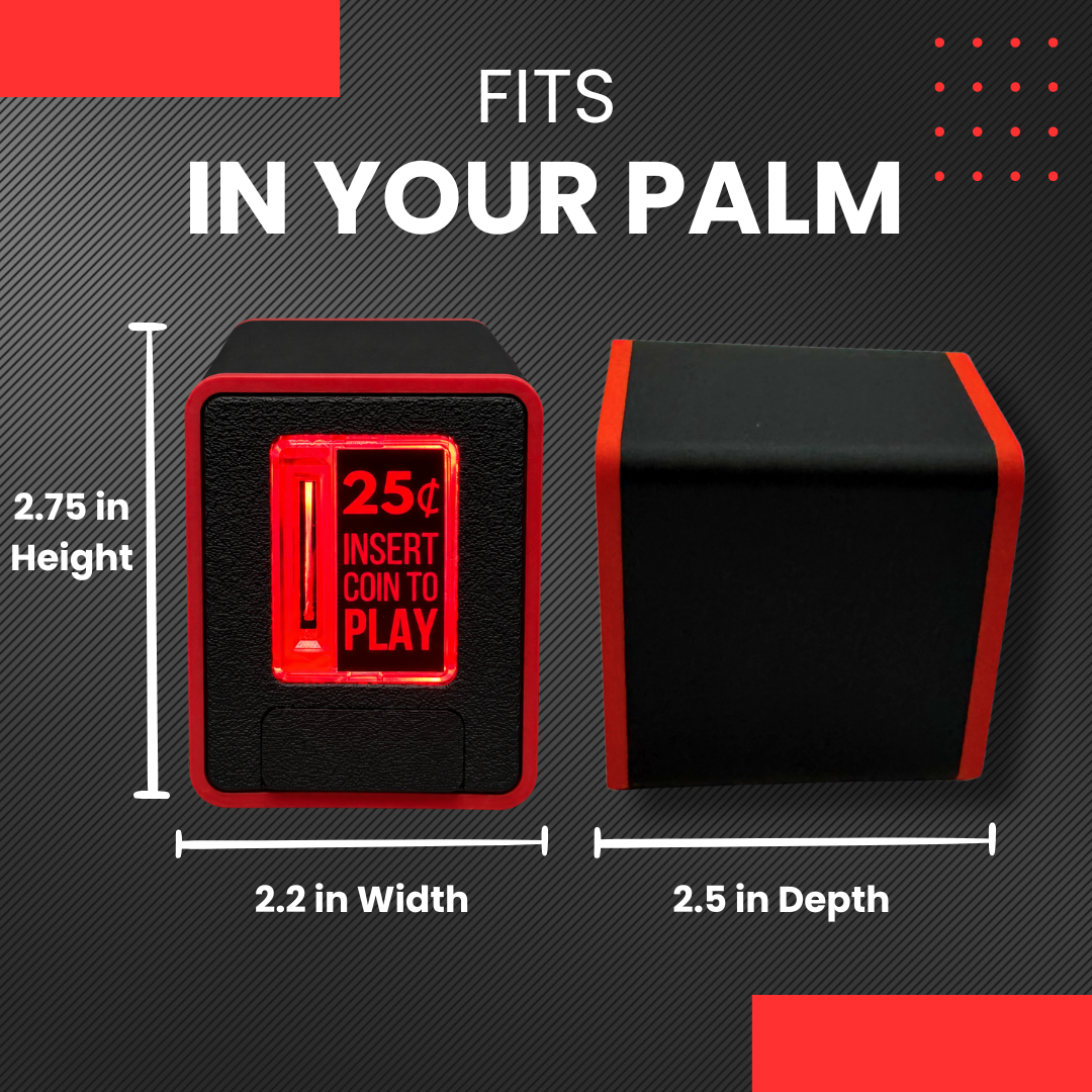 A small black and red coin-operated insert coin to play piggy bank shown from front and side views on a dark textured background, with text reading 'FITS IN YOUR PALM' and dimensions labeled 2.75 in height, 2.2 in width.
