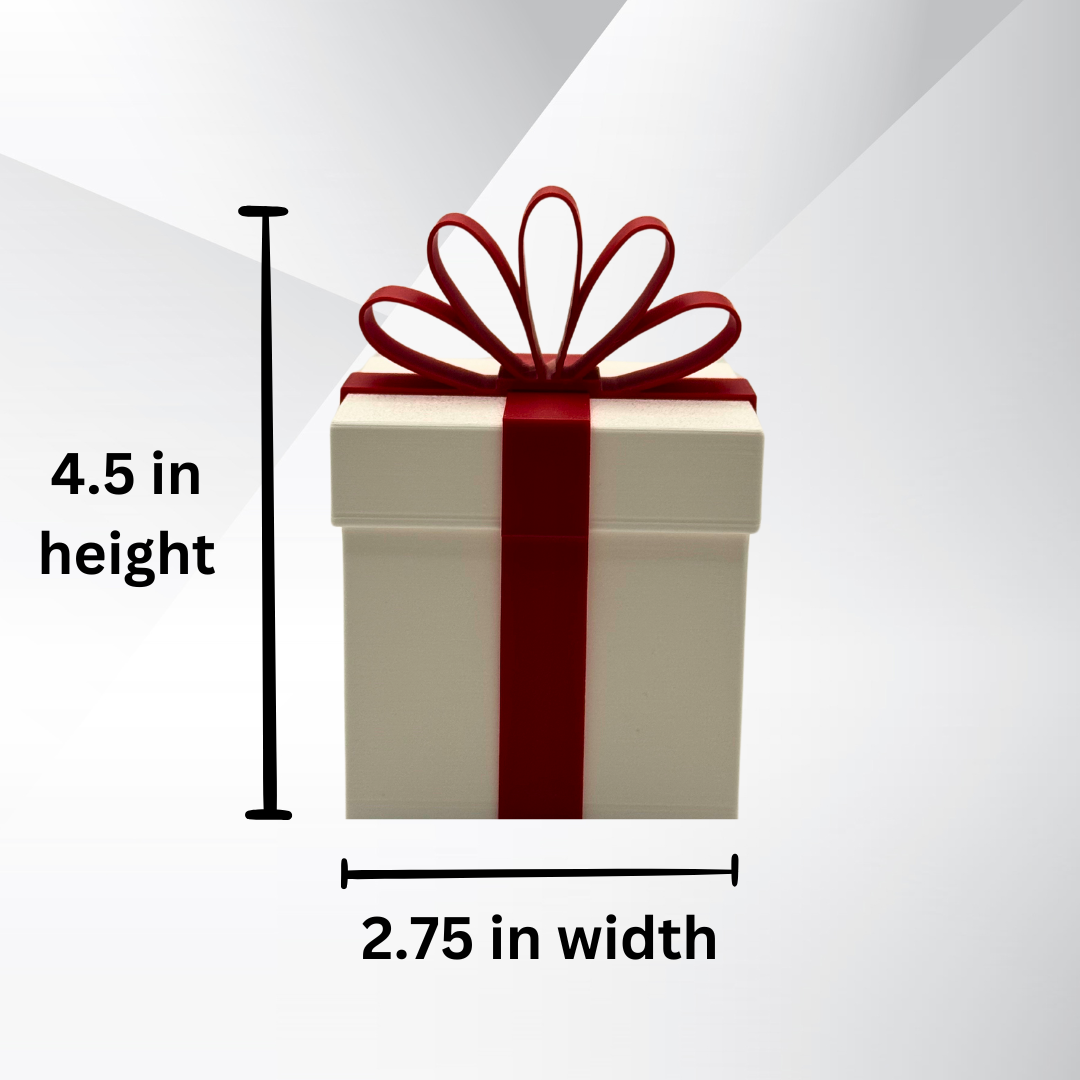 A white and red Christmas package that lights up with its dimensions.