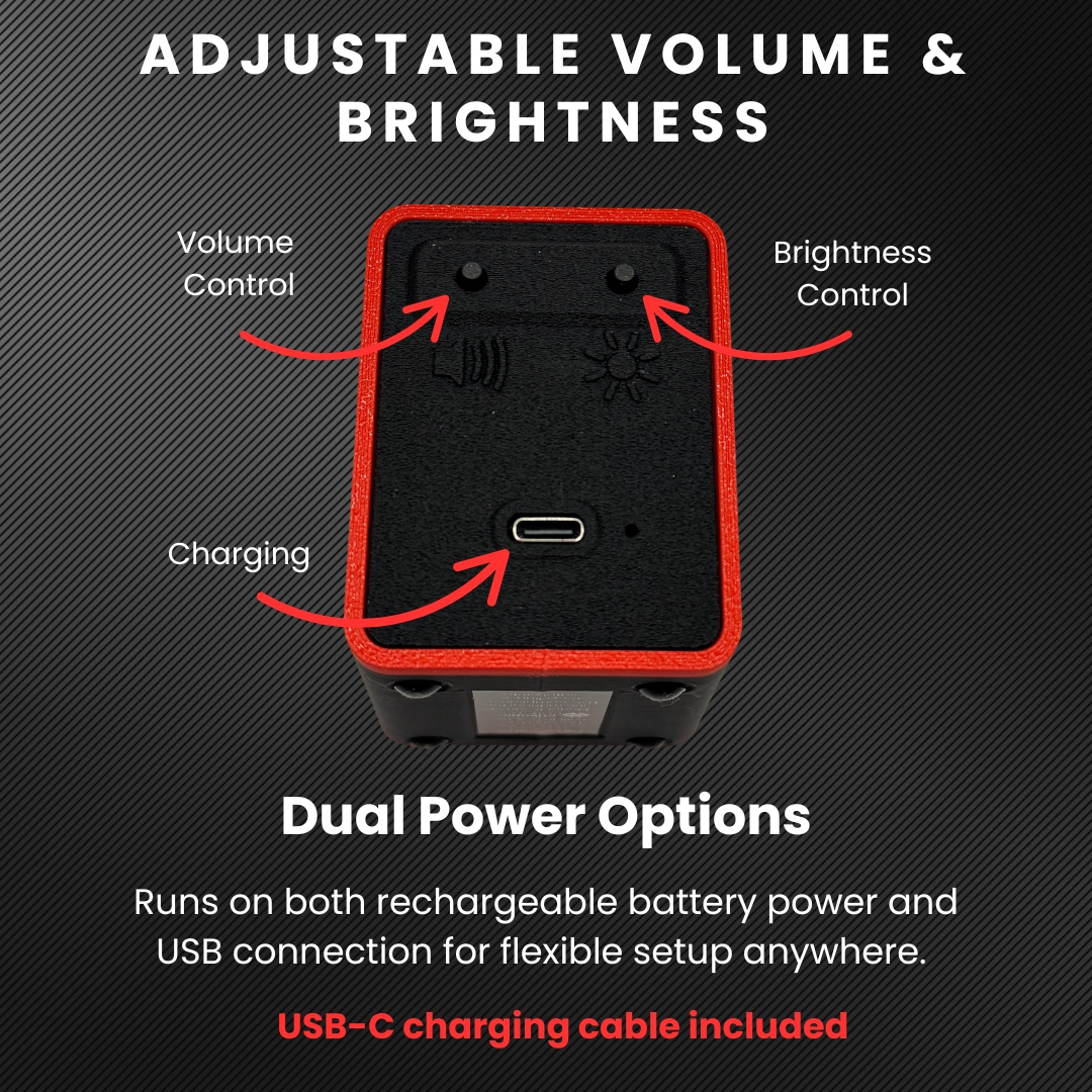 Back panel of the TinyBrights™ Insert Coin Cube highlighting adjustable volume, adjustable brightness, USB-C charging port, and dual-power functionality.