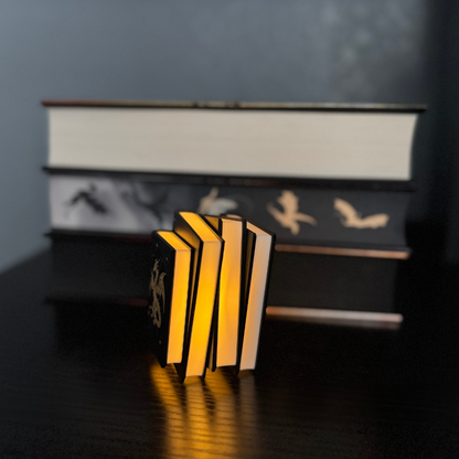 View of the Fantasy Dragon Book Light glowing and standing up in front of a stack of fantasy books.