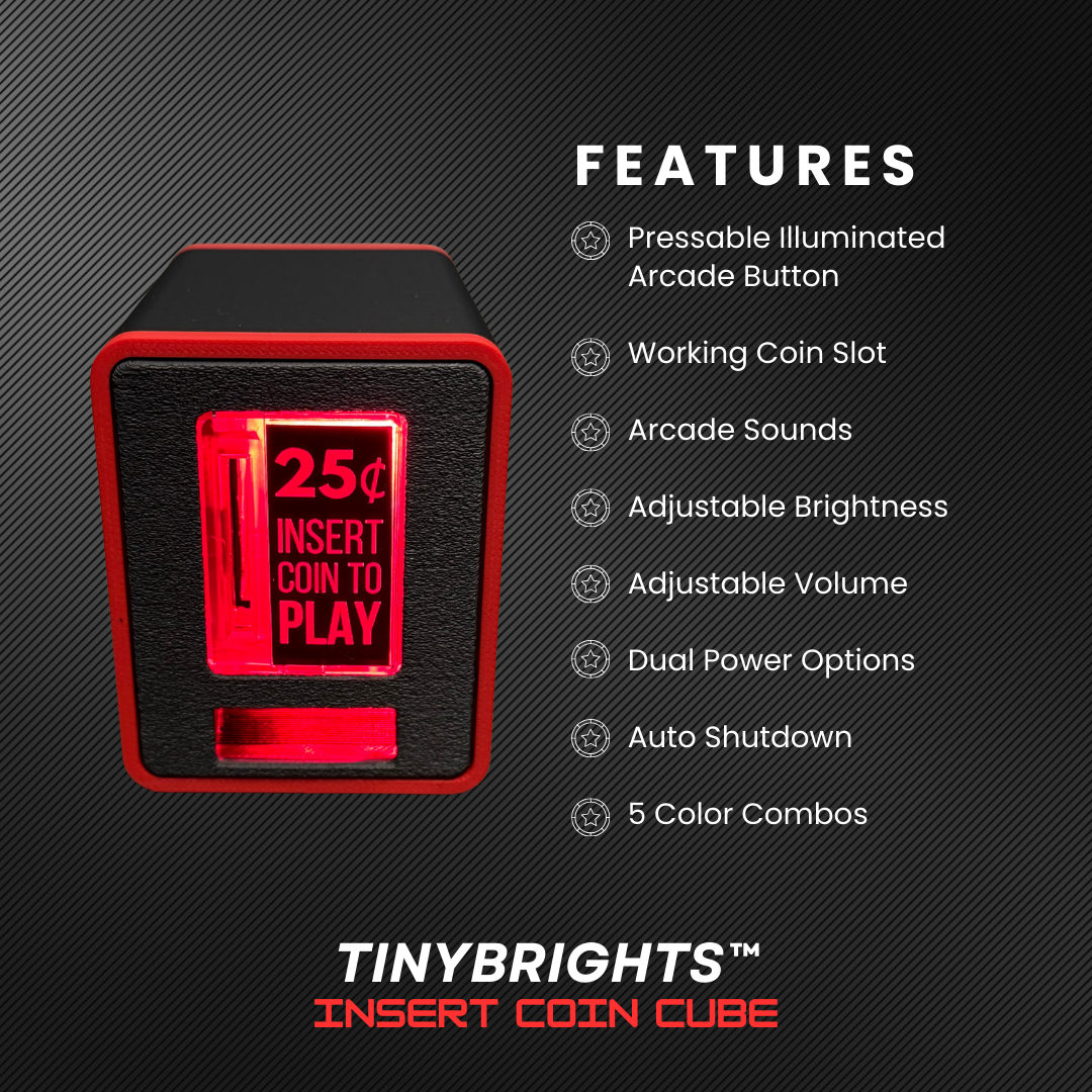 Features the TinyBrights™ Insert Coin Cube has highlighting adjustable volume, adjustable brightness, USB-C charging port, dual-power functionality, arcade sounds, pressable illuminated arcade button, working coin slot, auto shutdown and, 5 color combos