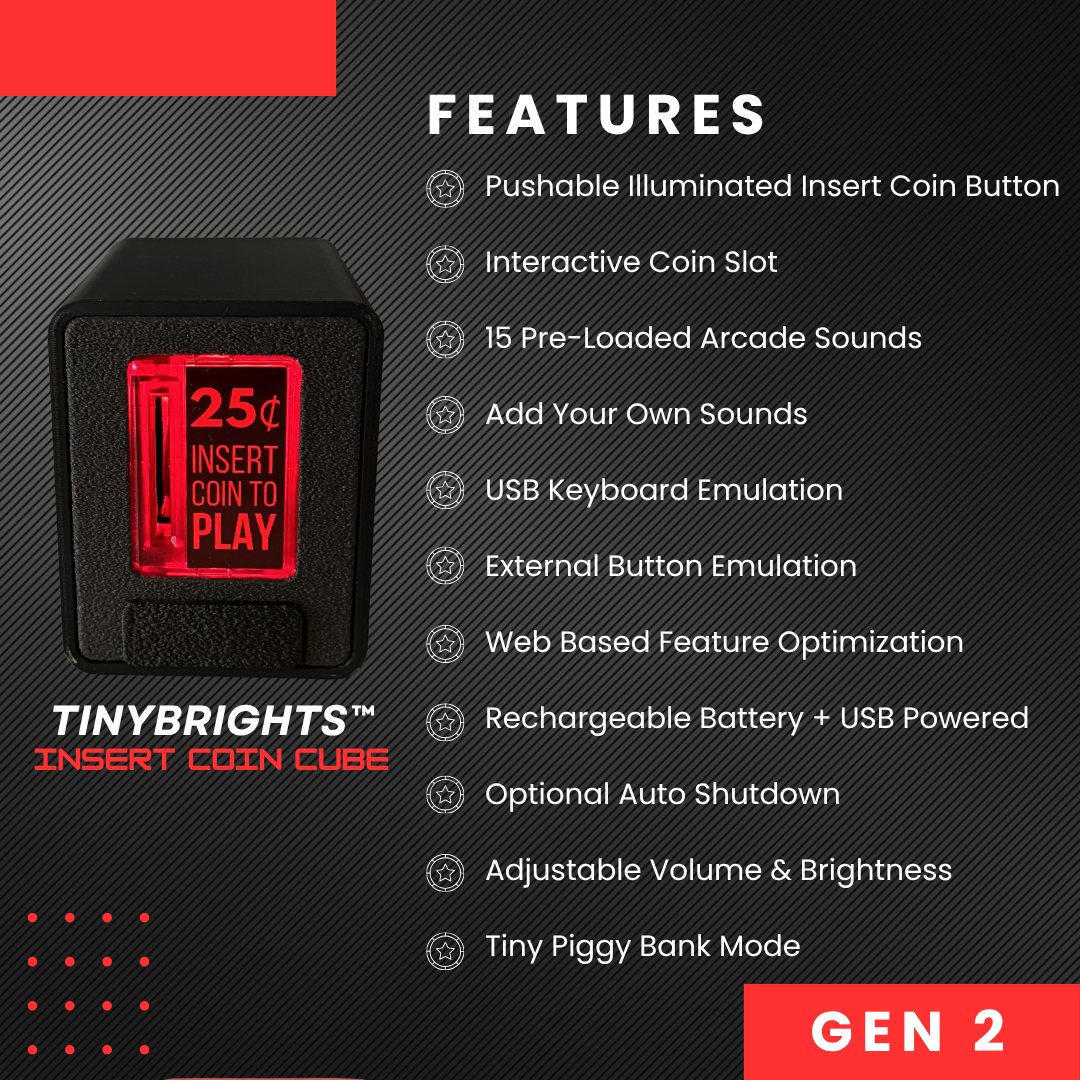 A promotional graphic for the Tiny Brights Gen 2 Insert Coin Cube. The left side shows the cube with a glowing red insert coin button displaying '25¢ INSERT COIN TO PLAY' new to the product features list.