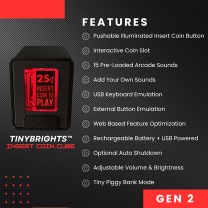 A promotional graphic for the Tiny Brights Gen 2 Insert Coin Cube. The left side shows the cube with a glowing red insert coin button displaying '25¢ INSERT COIN TO PLAY' new to the product features list.