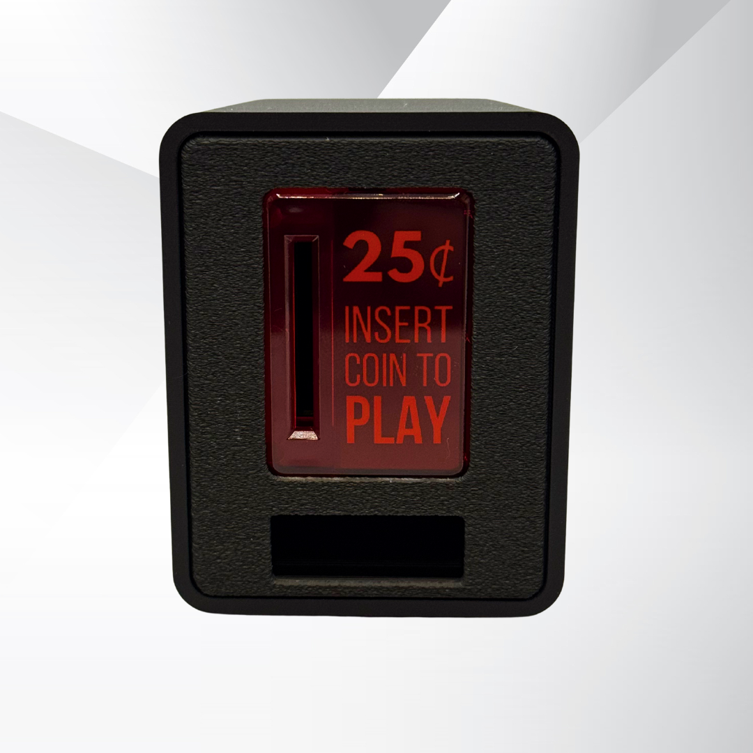 Front view of the all-black TinyBrights™ Insert Coin Cube with red insert coin light panel on a minimalist background.