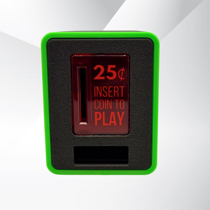 Front view of the neon green-trim TinyBrights™ Insert Coin Cube featuring the glowing red arcade-style insert coin button.