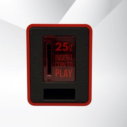 Front view of the red-trim TinyBrights™ Insert Coin Cube with ‘25¢ Insert Coin to Play’ button displayed against a clean studio background.