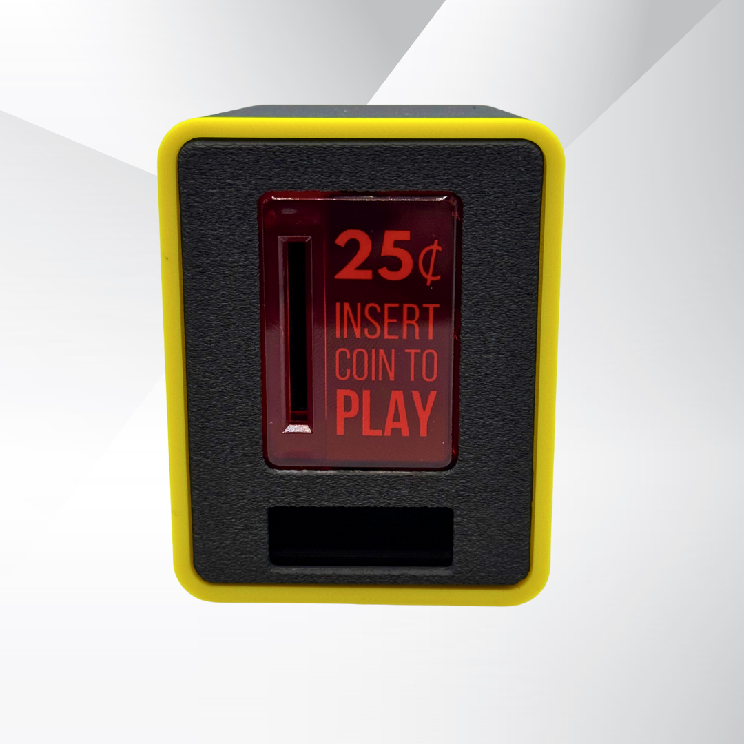 Front view of the yellow-trim TinyBrights™ Insert Coin Cube with bright red ‘25¢ Insert Coin to Play’ button.