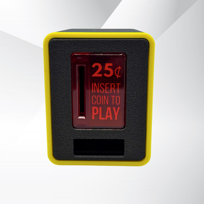 Front view of the yellow-trim TinyBrights™ Insert Coin Cube with bright red ‘25¢ Insert Coin to Play’ button.