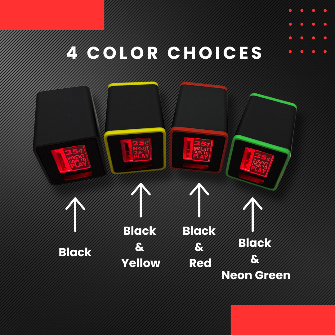Four small insert coin cubes shown on a dark textured background with the text '4 COLOR CHOICES' and labels underneath: Black, Black & Yellow, Black & Red, and Black & Neon Green.