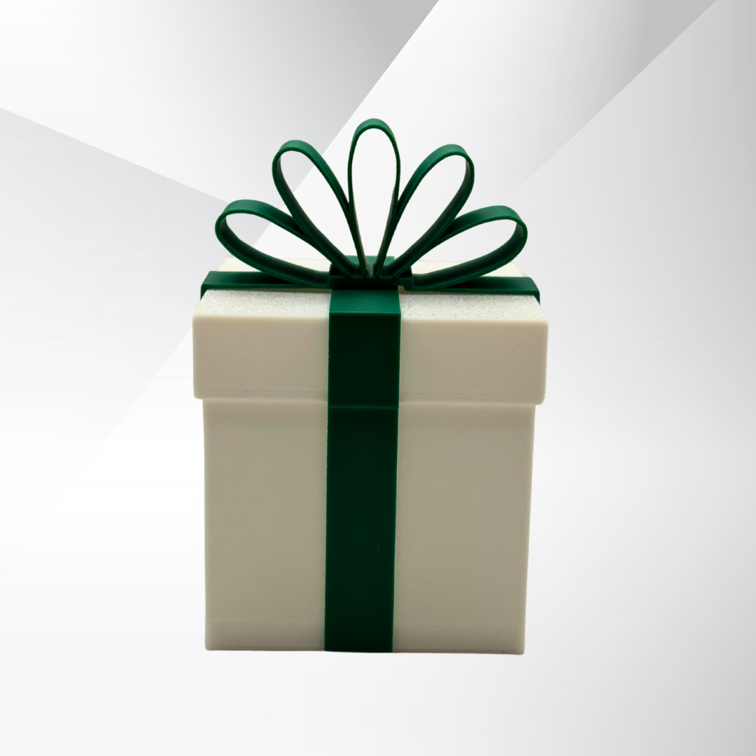 Front view of the white Christmas package light with a green bow.