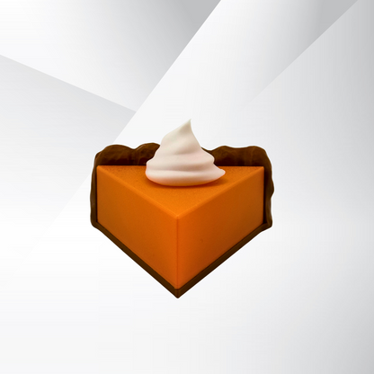 A head on view of a pumpkin pie light with the light turned off on a white and silver background.