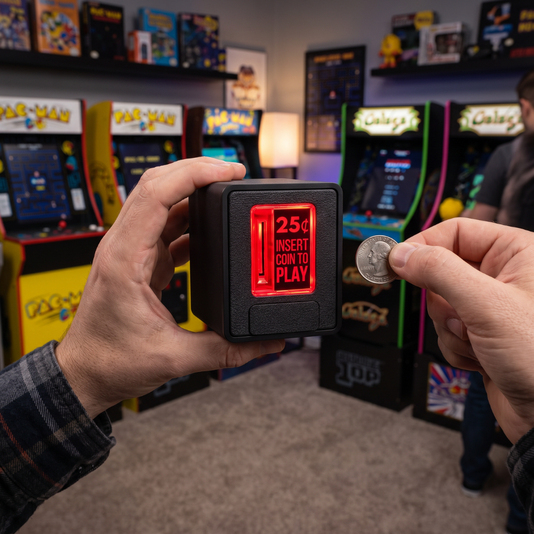 A person holds a miniature black arcade coin piggy bank in a retro arcade room, showing a red illuminated display that reads '25¢ INSERT COIN TO PLAY' while inserting a coin.
