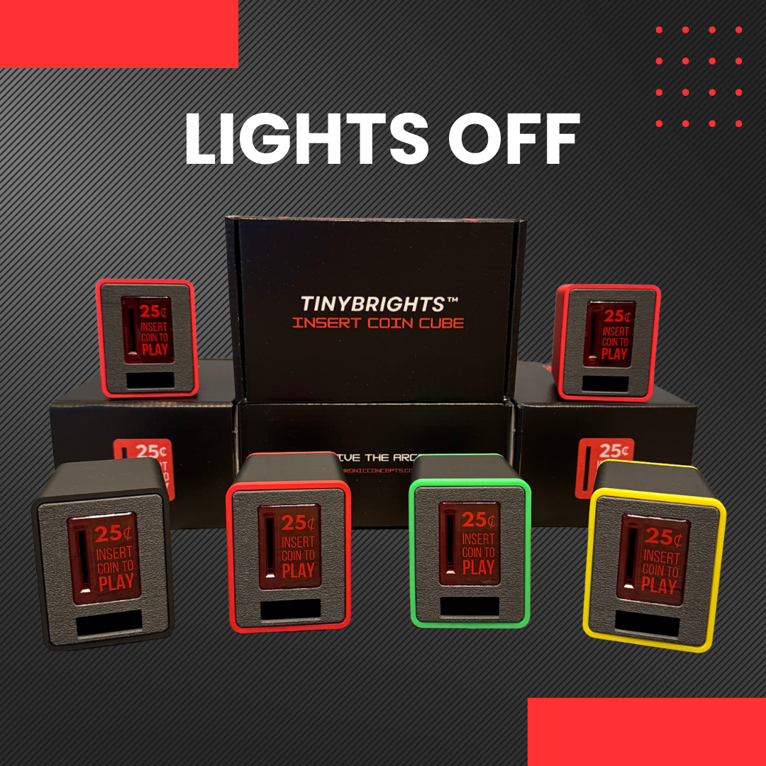 Five TinyBrights™ Insert Coin Cubes displayed in front of branded Chronic Concepts packaging, showcasing multiple color variations including red, yellow, green, and black with the lights off.