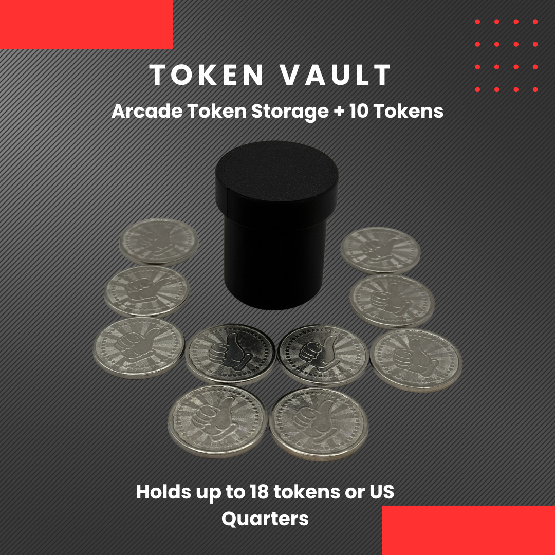 Arcade Token Vault for Insert Coin Cube includes 10 tokens and holds up to 18 coins or US quarters. Compact, black storage container for arcade-style setups.