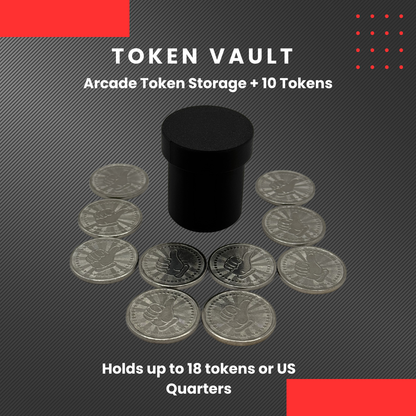 Arcade Token Vault for Insert Coin Cube includes 10 tokens and holds up to 18 coins or US quarters. Compact, black storage container for arcade-style setups.
