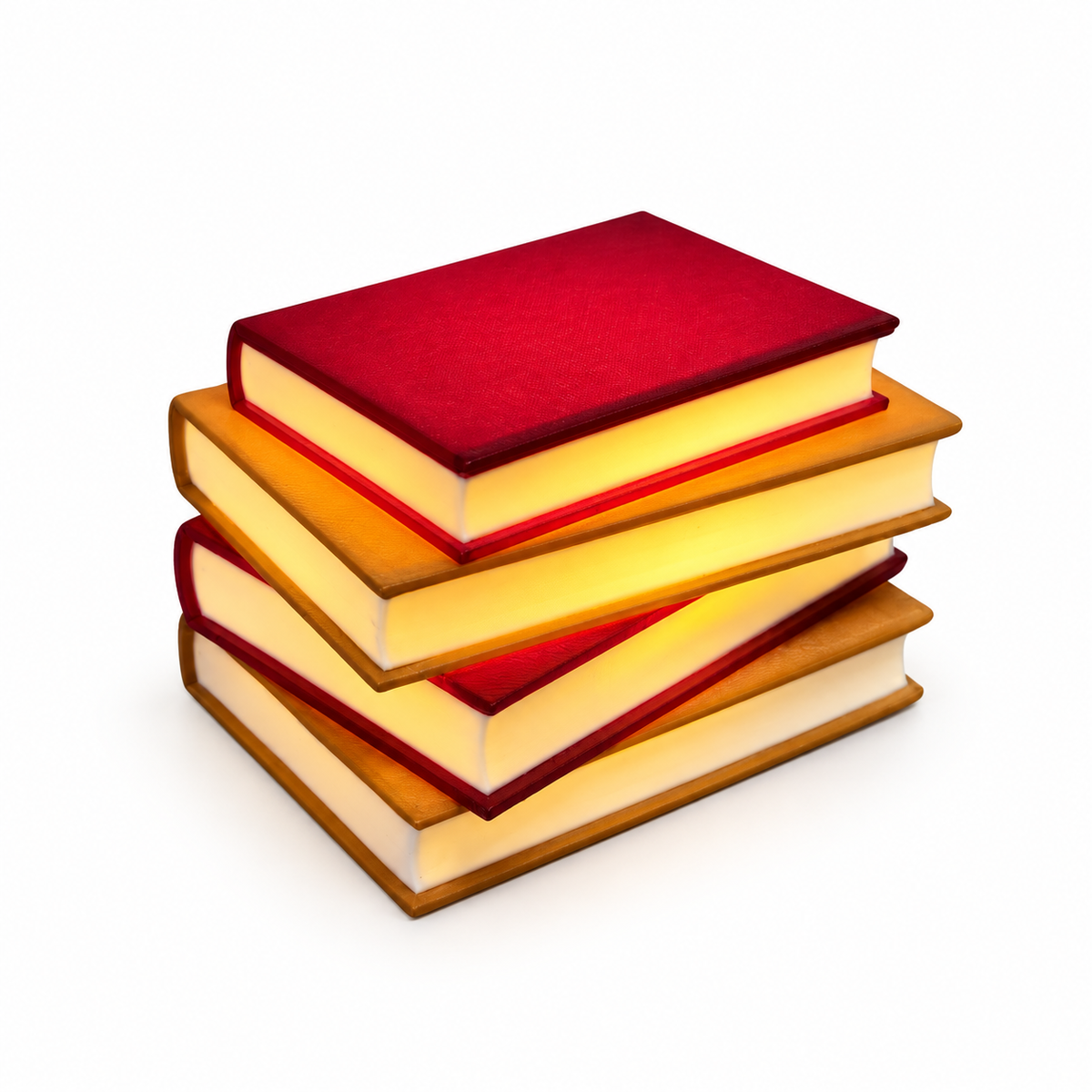 Cozy maroon and brown light up book stack lit up with a white background.