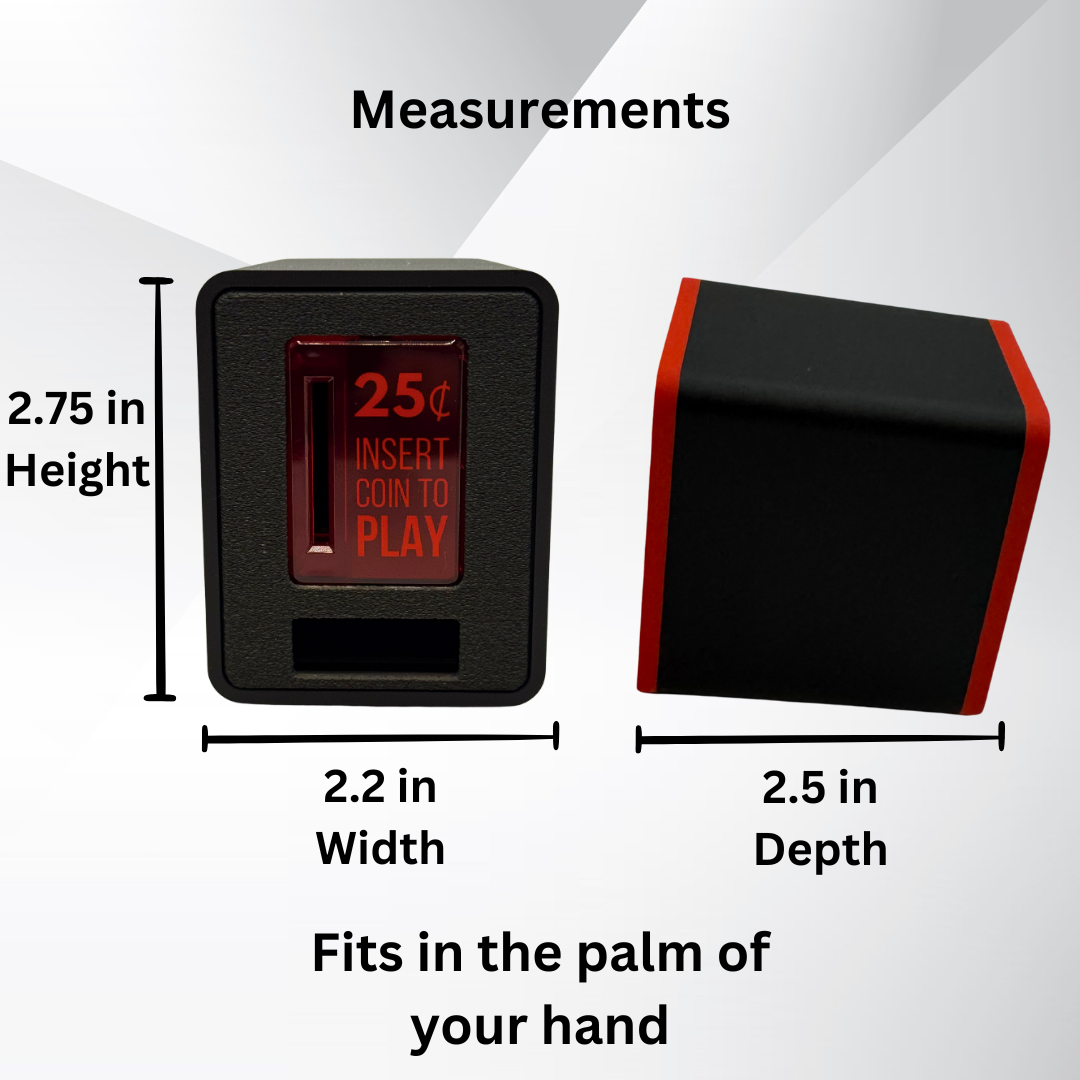 Size chart for the TinyBrights™ Insert Coin Cube showing dimensions: 2.75 inches tall, 2.2 inches wide, and 2.5 inches deep, emphasizing its compact handheld size.