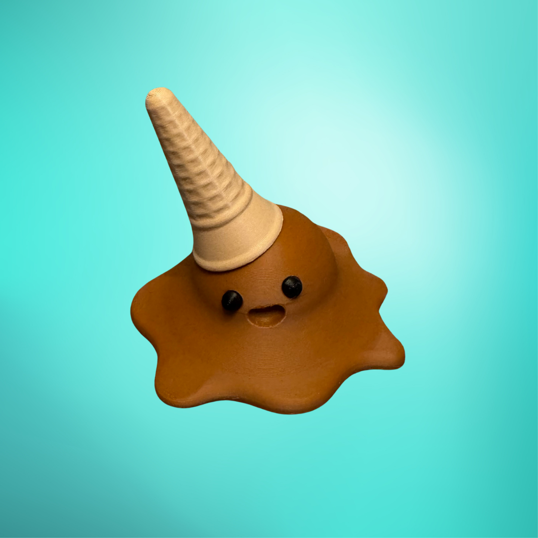 View of the chocolate 3d printed melting ice cream cone made by Chronic Concepts on a teal background.