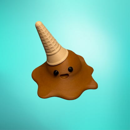 View of the chocolate 3d printed melting ice cream cone made by Chronic Concepts on a teal background.