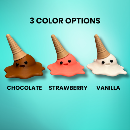 View of three 3d printed melting ice cream cones made by Chronic Concepts on a teal background showing off the three color options: Chocolate, Strawberry, and Vanilla flavored.