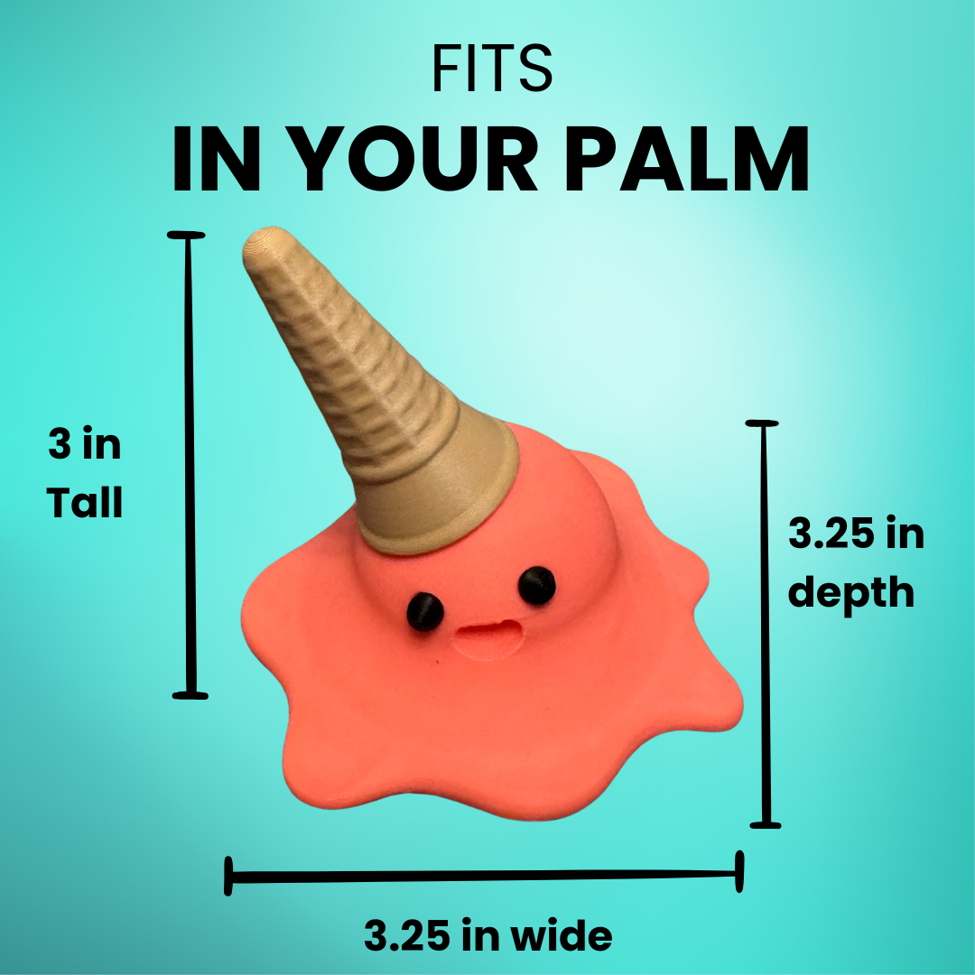 View of the dimensions of the strawberry 3d printed melting ice cream cone made by Chronic Concepts on a teal background.