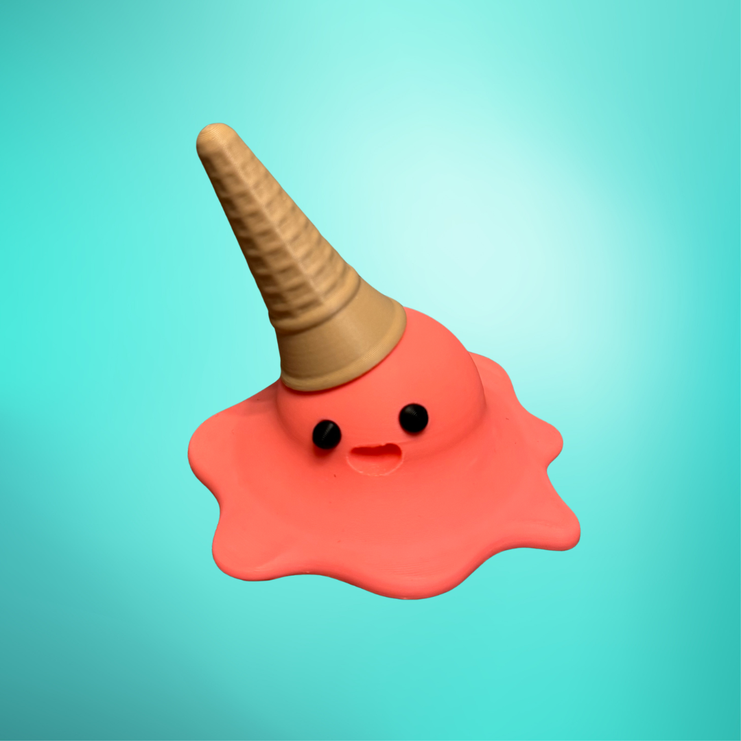 View of the strawberry 3d printed melting ice cream cone made by Chronic Concepts on a teal background.