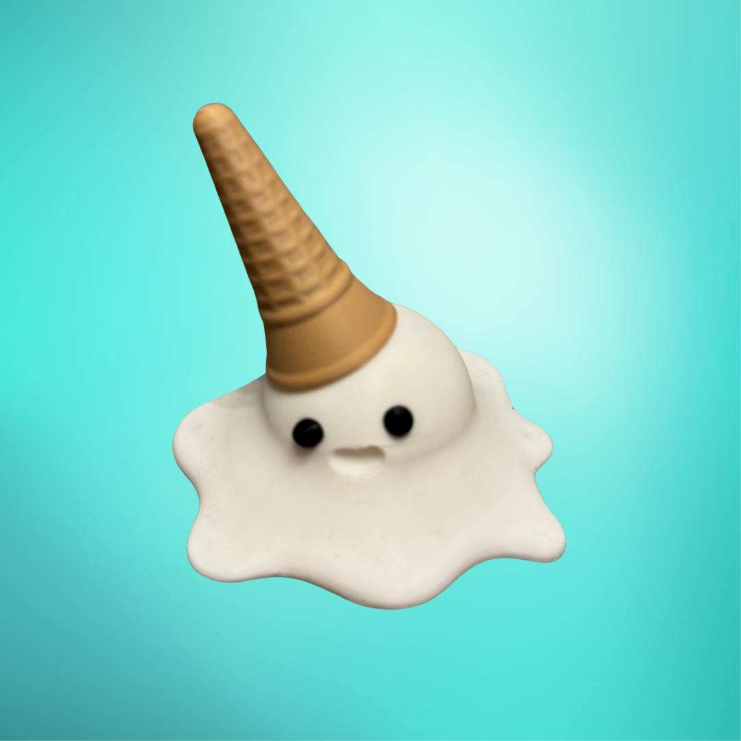 View of the vanilla 3d printed melting ice cream cone made by Chronic Concepts on a teal background.