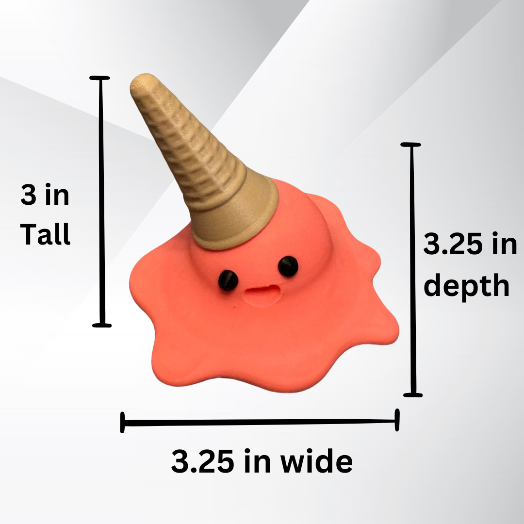 View of the dimensions of the strawberry 3d printed melting ice cream cone made by Chronic Concepts on a grey gradient background.