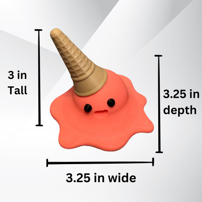 View of the dimensions of the strawberry 3d printed melting ice cream cone made by Chronic Concepts on a grey gradient background.