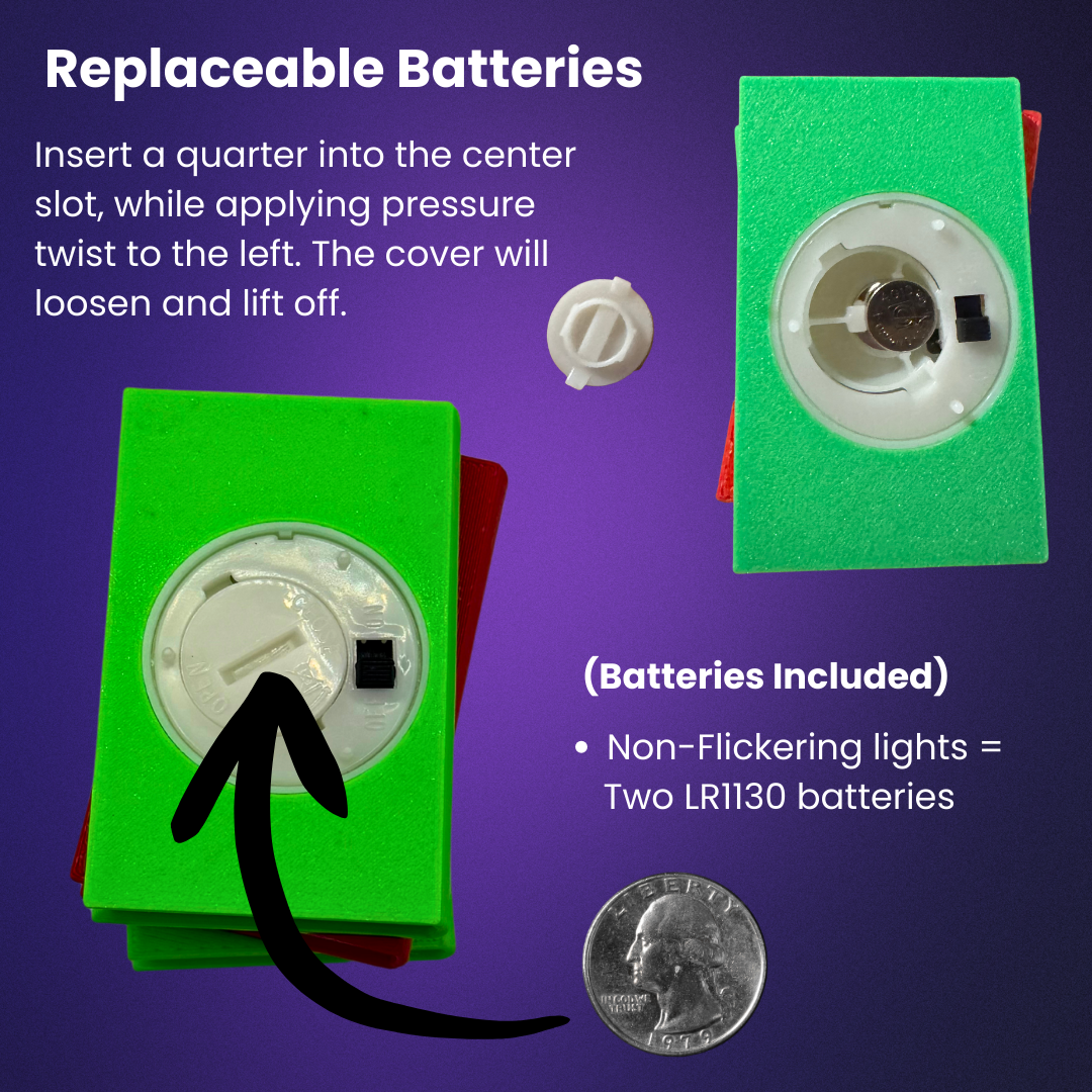 Instructions on how to replace the batteries in the light up book stack.