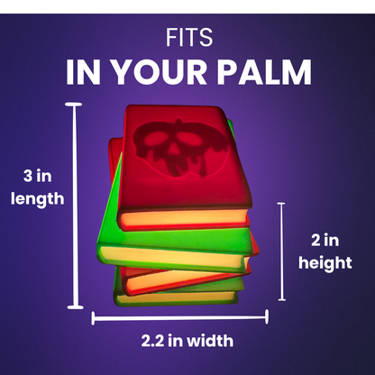 Dimensions of the poison apple light up stack of books with a purple background.