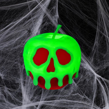 A 3D printed glowing poison candy apple light with a black cob web background, perfect for a Halloween decoration.