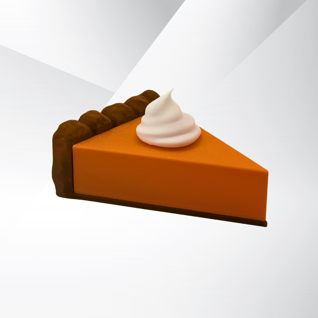Side view of the pumpkin pie light on a white and silver background.
