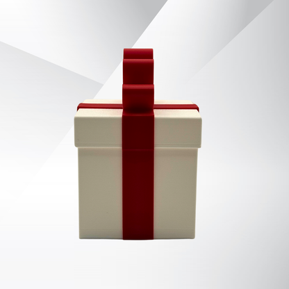 The side view of a white and red Christmas present light on a silver gradient background.