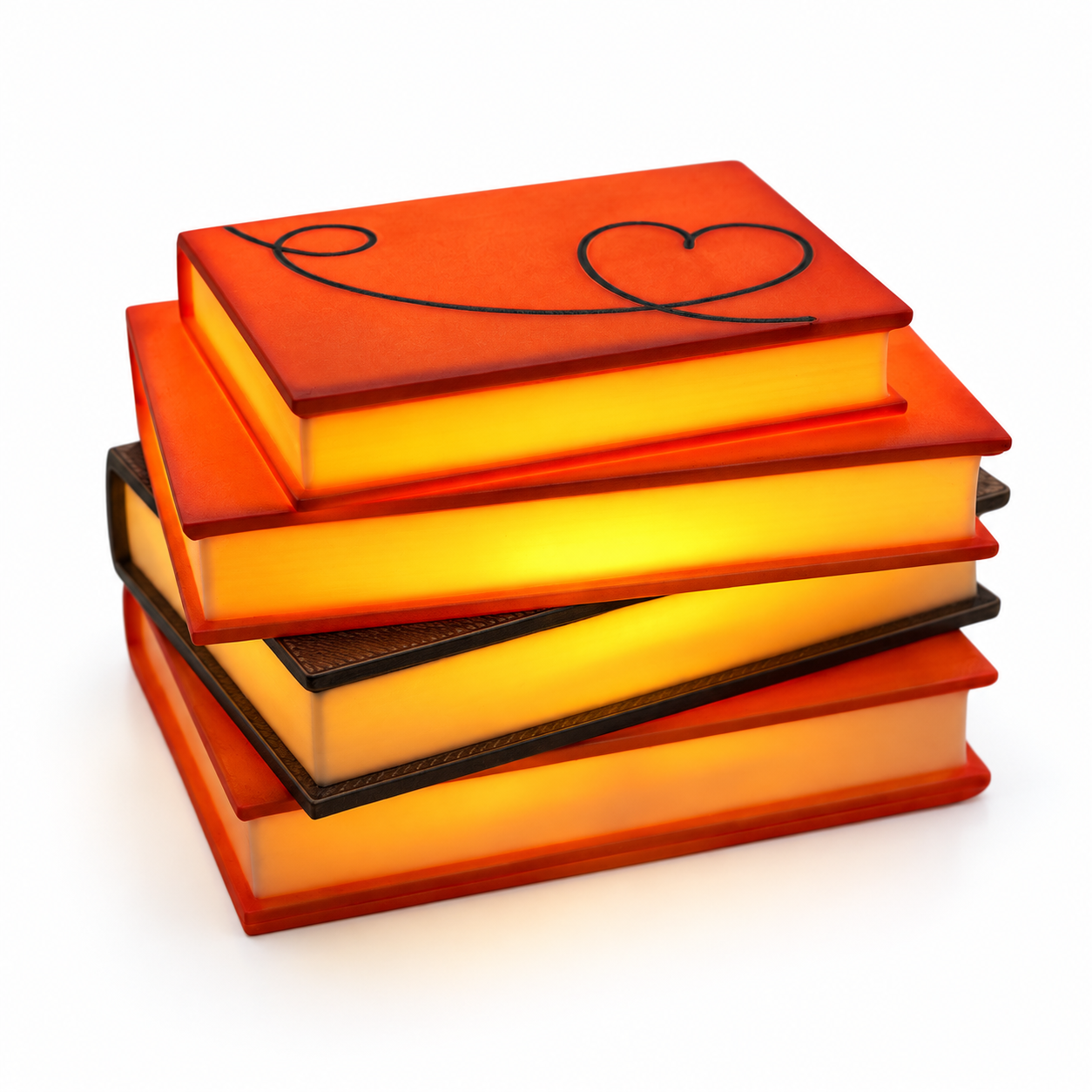 Romance novel light up book stack on a white background.