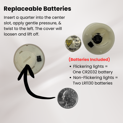 A description of how to replace the batteries in the included tea light.