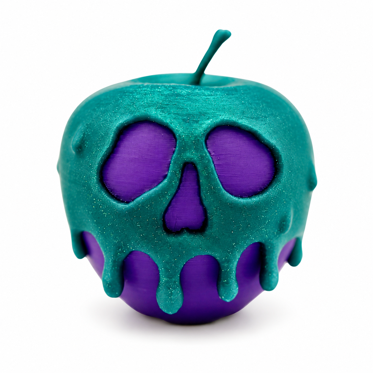 A purple and teal poison candy apple with white background.