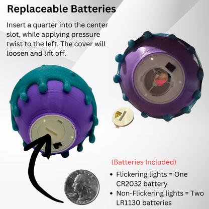 Instructions on how to remove and replace the batteries in the poison apple light.