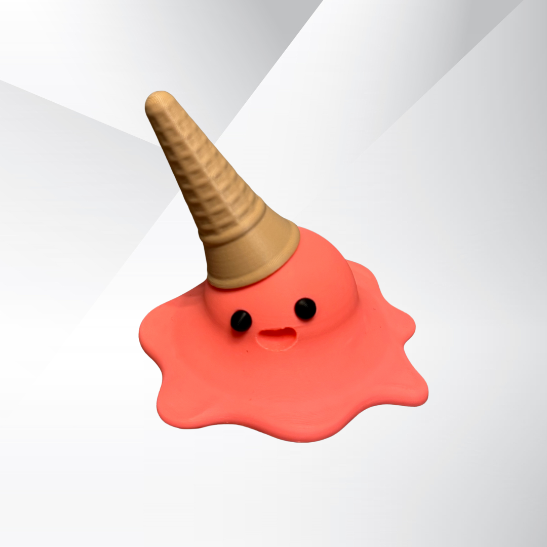 View of the strawberry 3d printed melting ice cream cone made by Chronic Concepts on a grey gradient background.