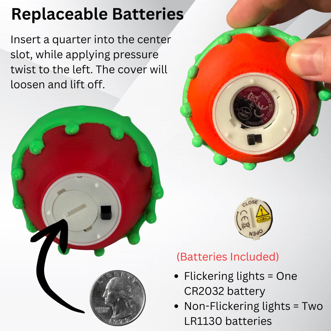 Instructions on how to remove and replace the batteries in the poison apple light.