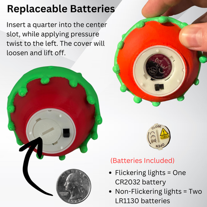 Instructions on how to remove and replace the batteries in the poison apple light.