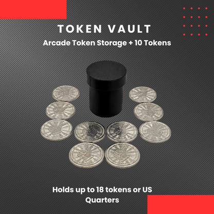 Arcade Token Vault for Insert Coin Cube includes 10 tokens and holds up to 18 coins or US quarters. Compact, black storage container for arcade-style setups.