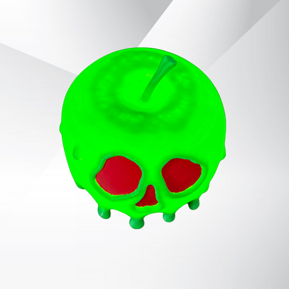 Top view of a light up poison candy apple with a creepy skull design and glowing red light.