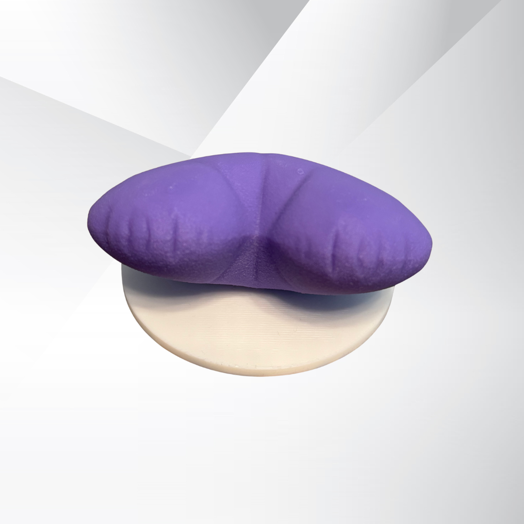 Another angle of the top side view of a purple 3d printed heart sculpture.